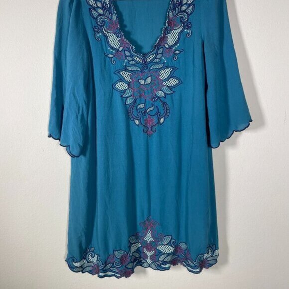 Anthropologie Flying Tomato Women's Embroidered Floral Teal Green Top Medium! - Picture 2 of 4